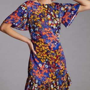 Anthropologie Black Motif Ruffled Satin Floral Print Tie  Mini Dress 14